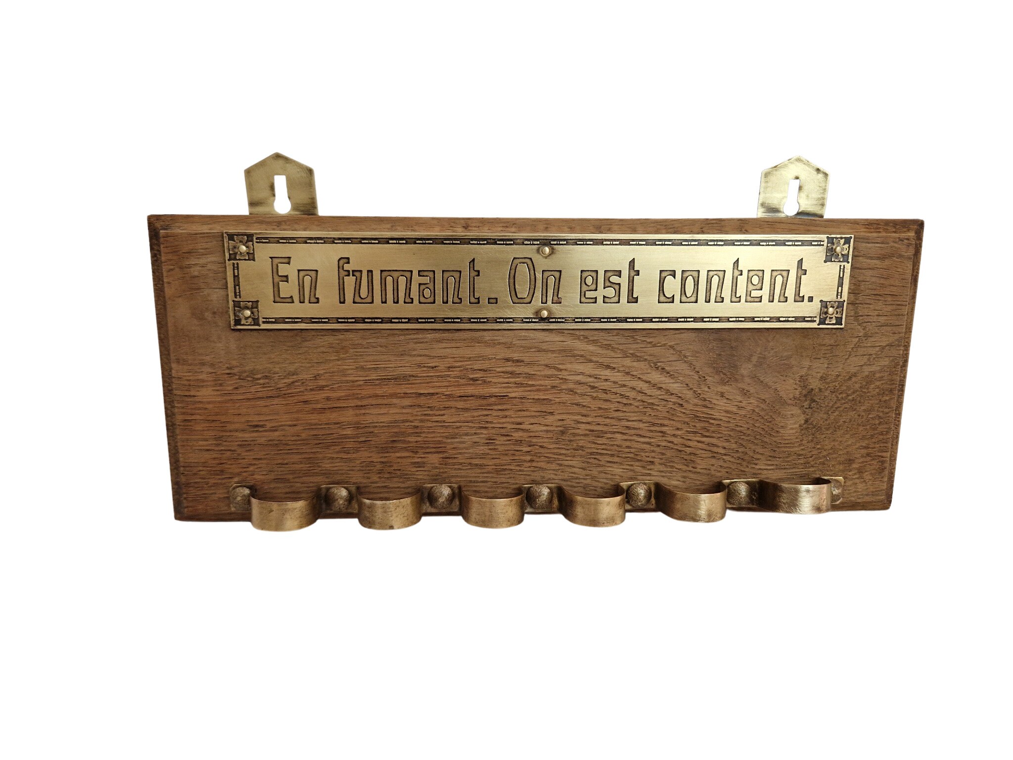 Antique French Oak and Brass Pipe Rack, Art Nouveau Wooden Wall Hanging