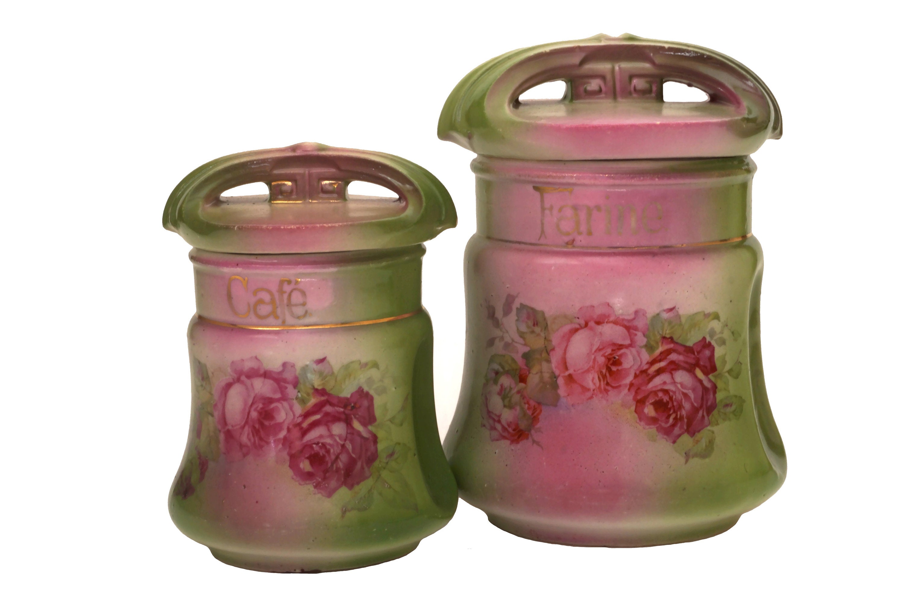 Ensemble de Bidons Café et Farine Art Nouveau avec Des Roses, Français Pots Rangement en Céramique C