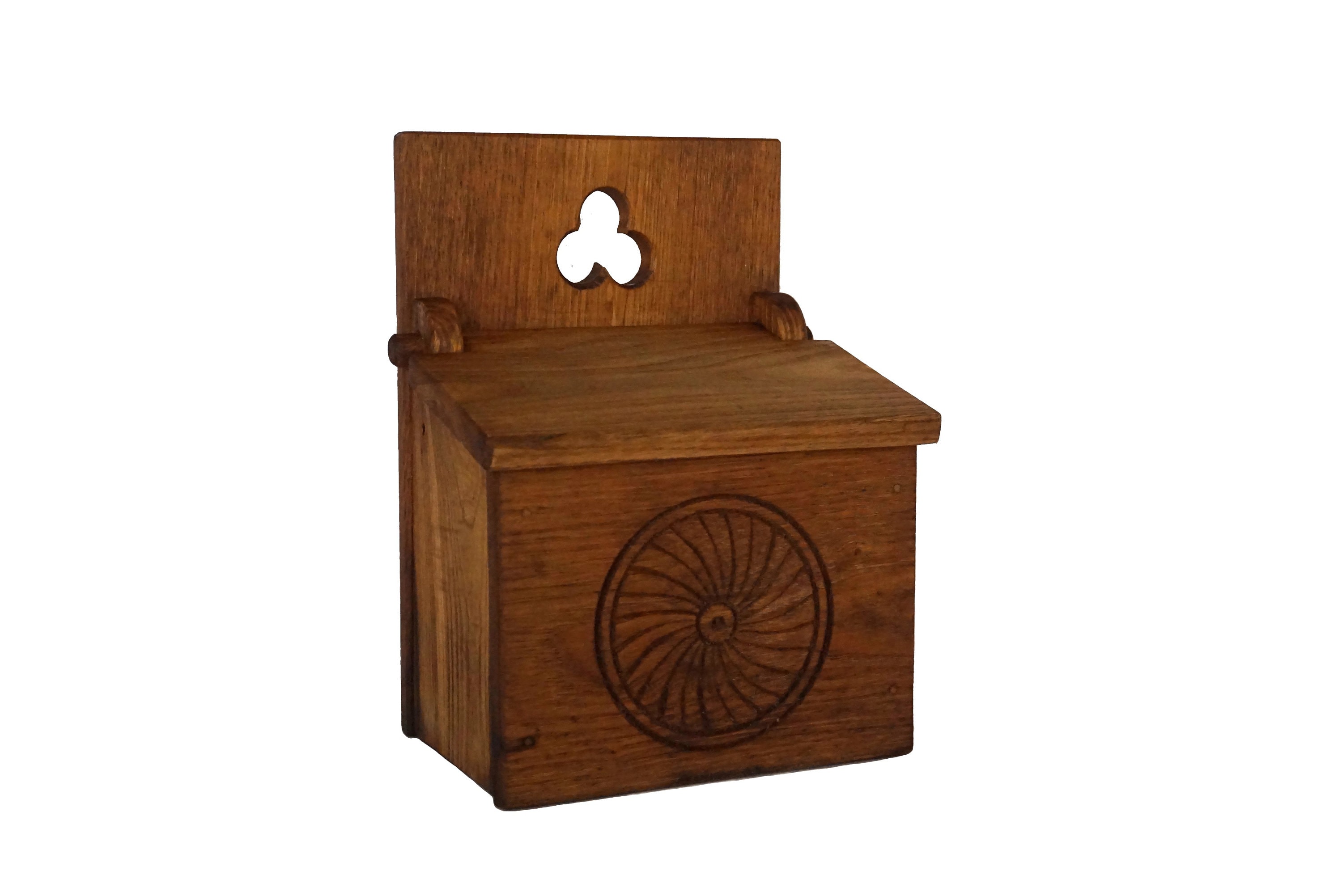 Hand Carved Wooden Salt Box, Rustic French Provencal Kitchen Decor