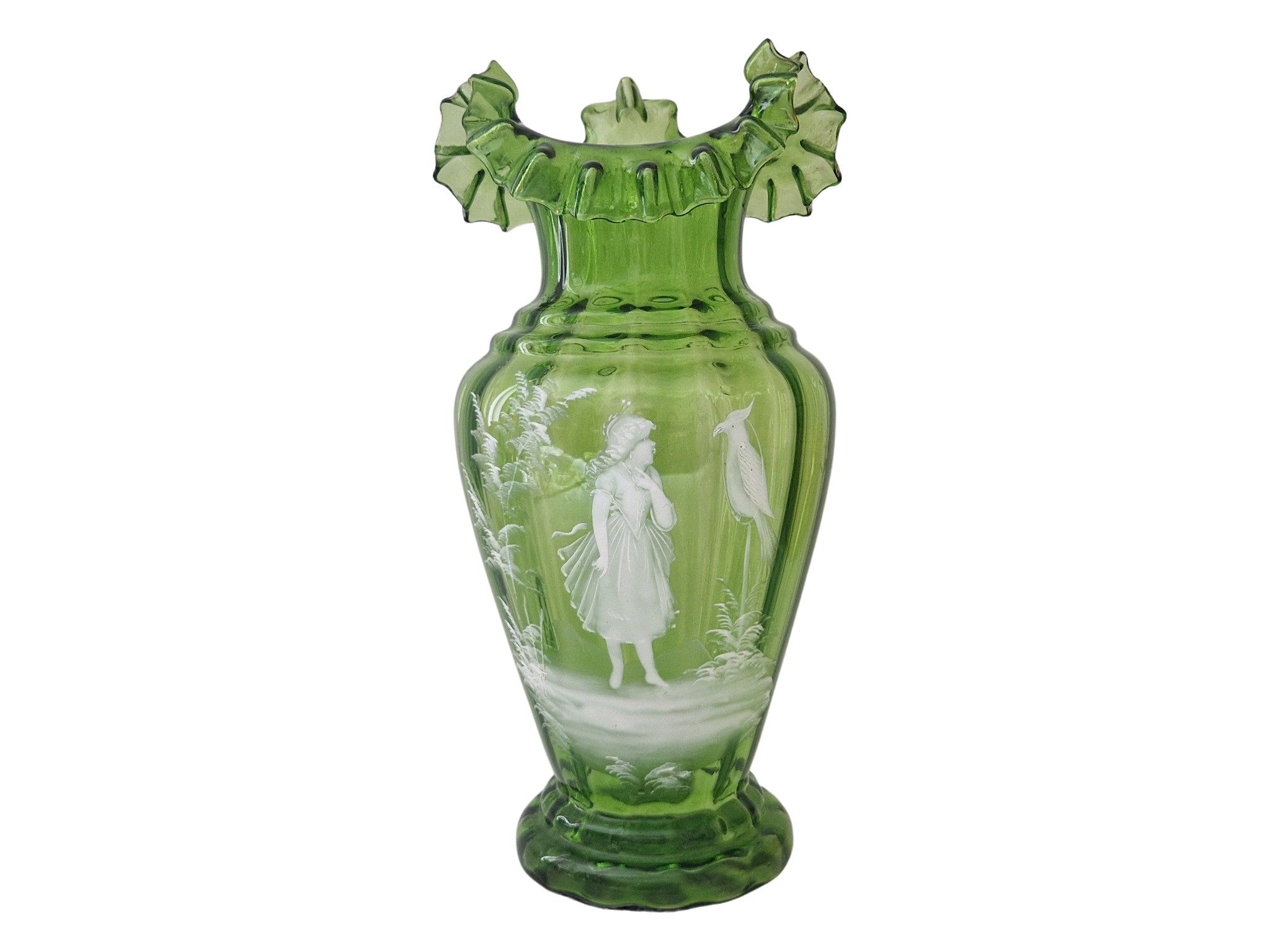 Antique Mary Gregory Green Glass Vase with Girl and Parrot Hand Painted Enamel Cameo