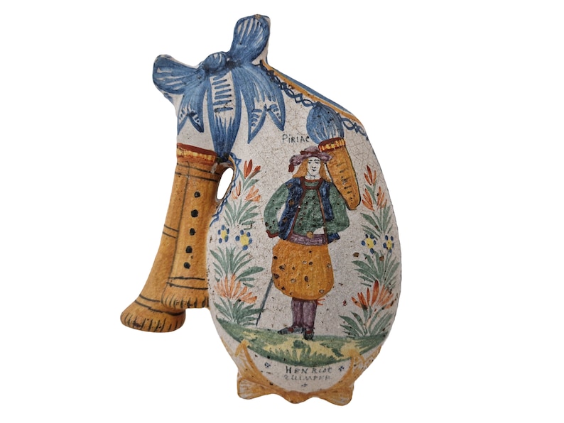Henriot Quimper Faience Wall Pocket Bagpipe Vase, Hand Painted French Pottery Breton Souvenir