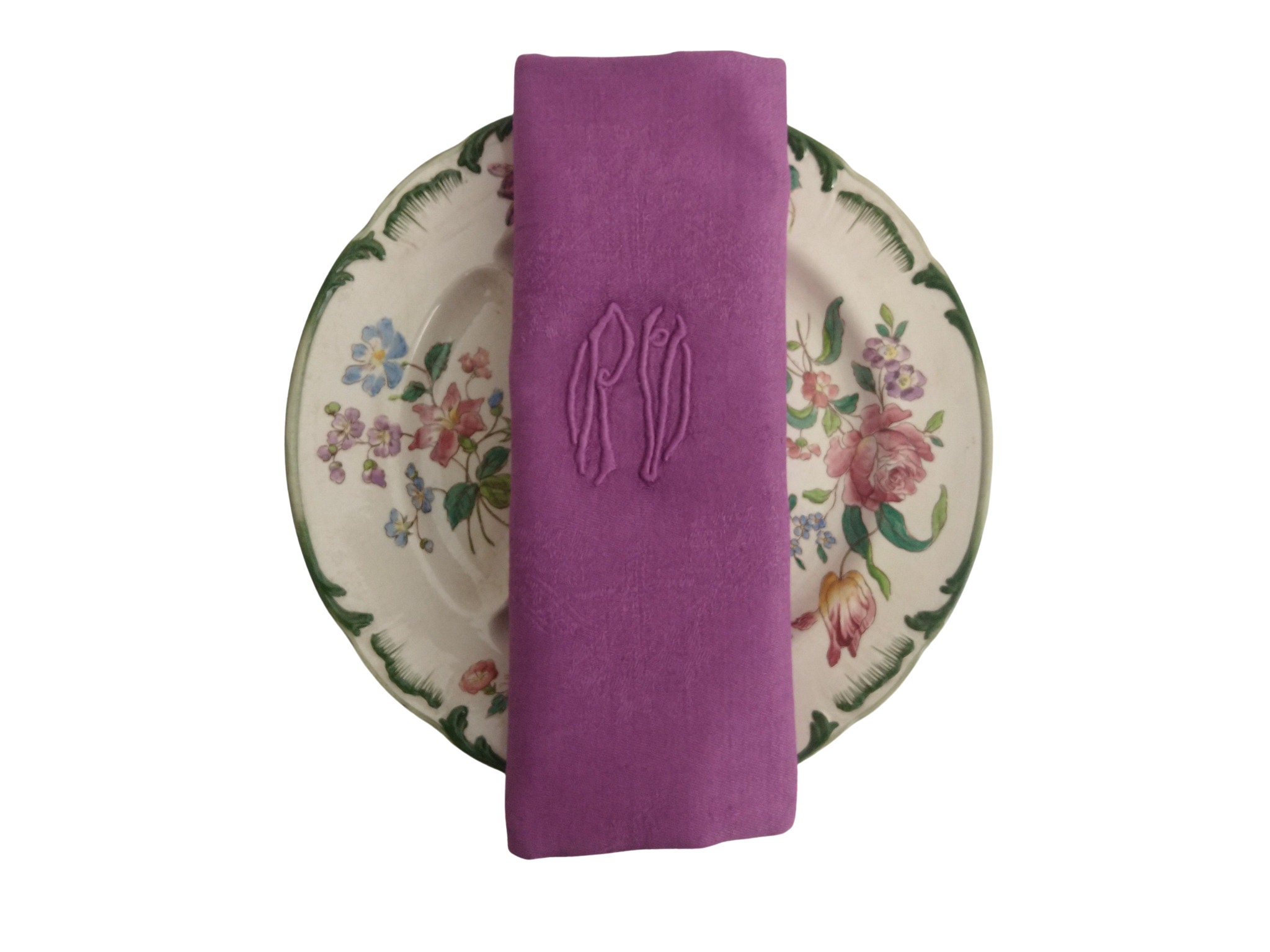Antique French Linen Napkins, Set of 6, Violet Monogram Serviettes with