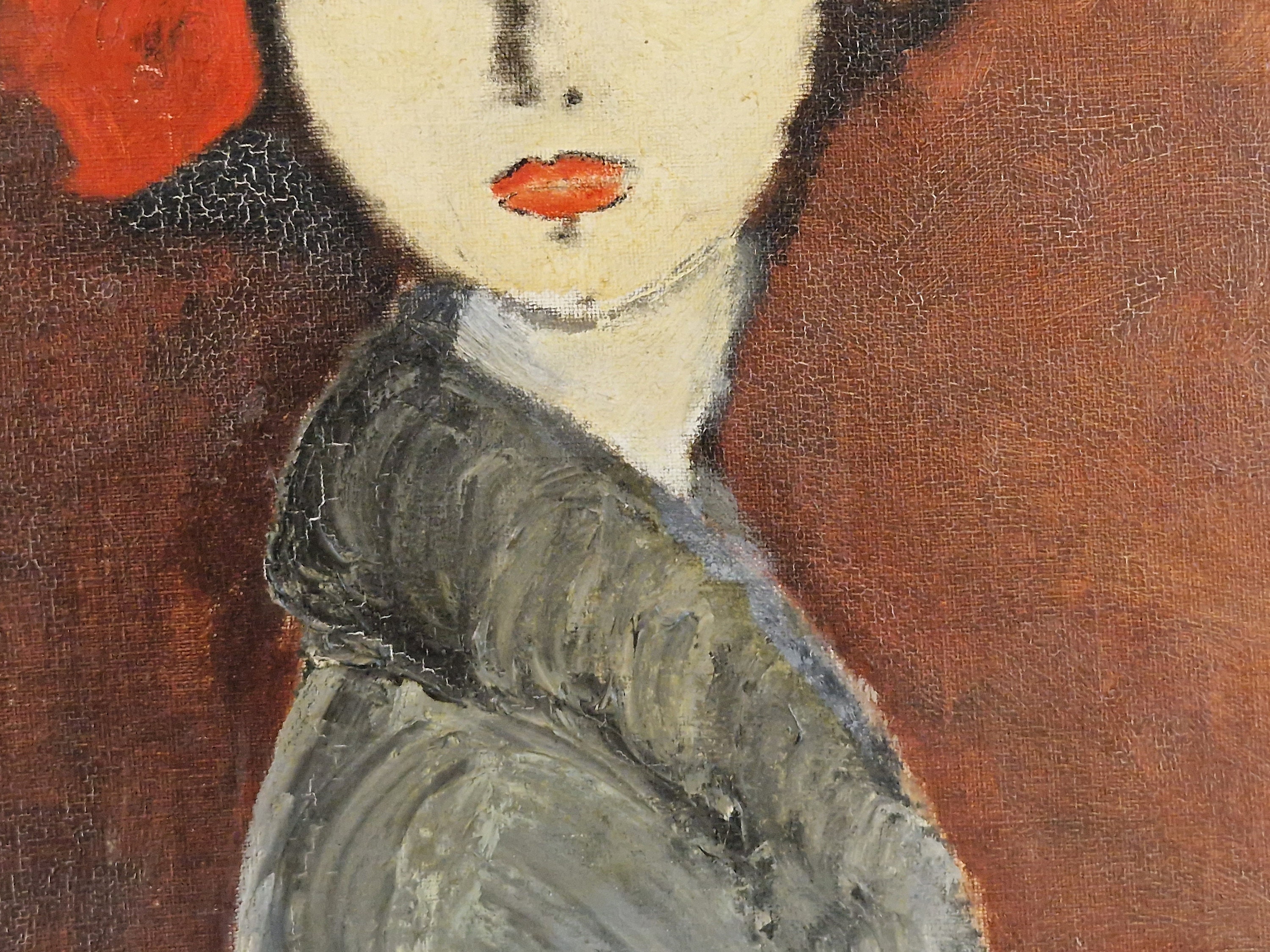 Mid Century Big Eye Woman Portrait Painting, Vintage French Framed Art