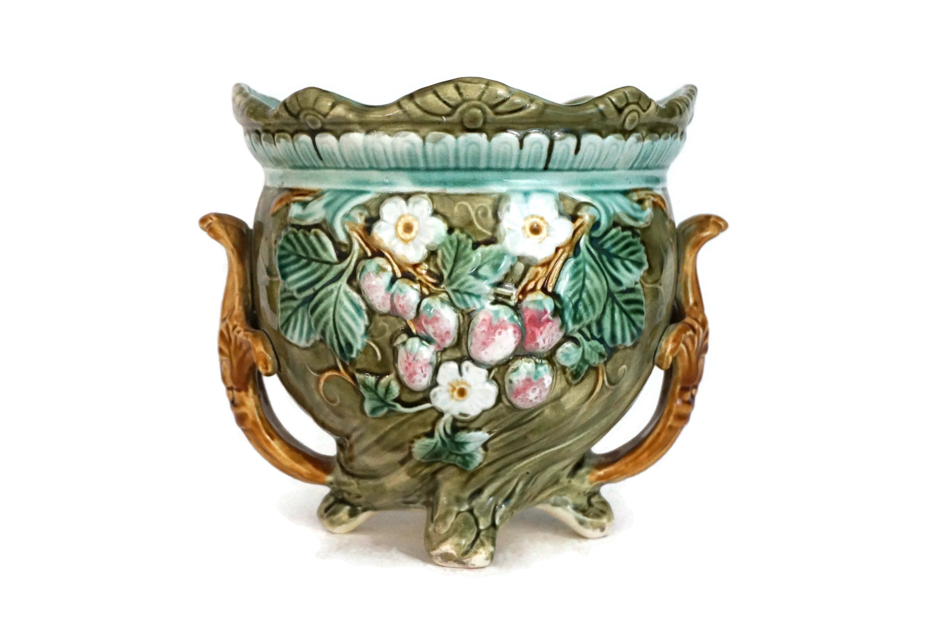 Antique French Majolica Planter with Strawberries, Ceramic Flower Vase