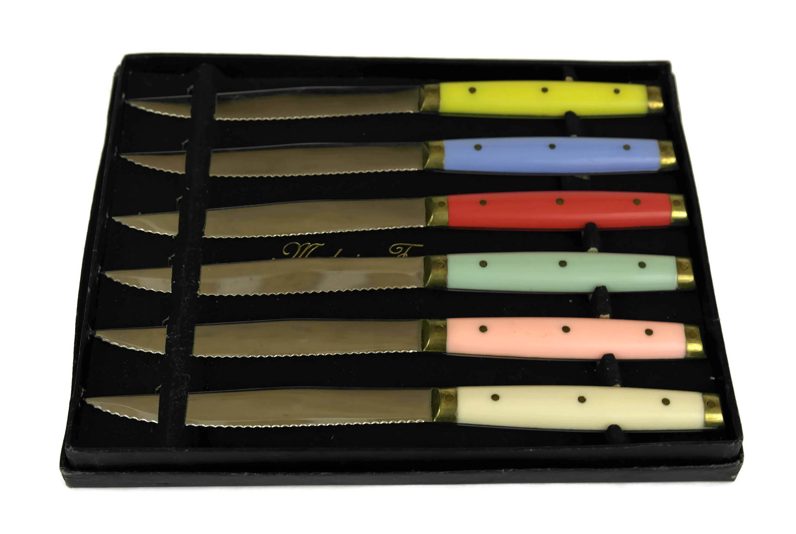 French Vintage Steak Knives with Rainbow Colored Handles.