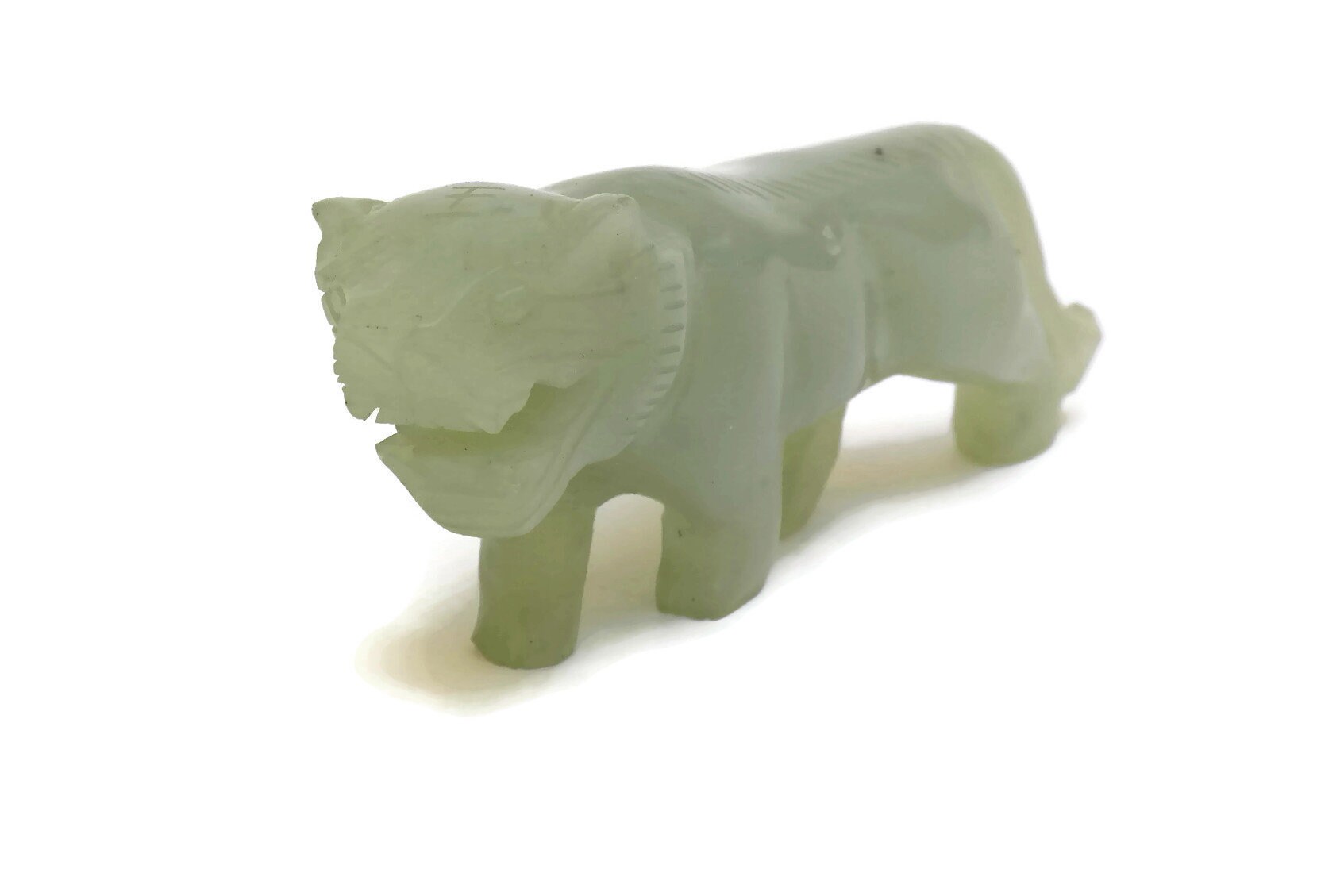 Vintage Green Jade Tiger Figurine. Folk Art Hand Carved Animal Figure
