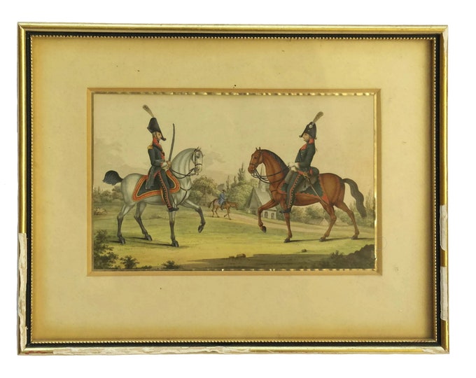 Antique Military Equestrian Gouache Painting,  Soldiers in Uniform and Horse Art