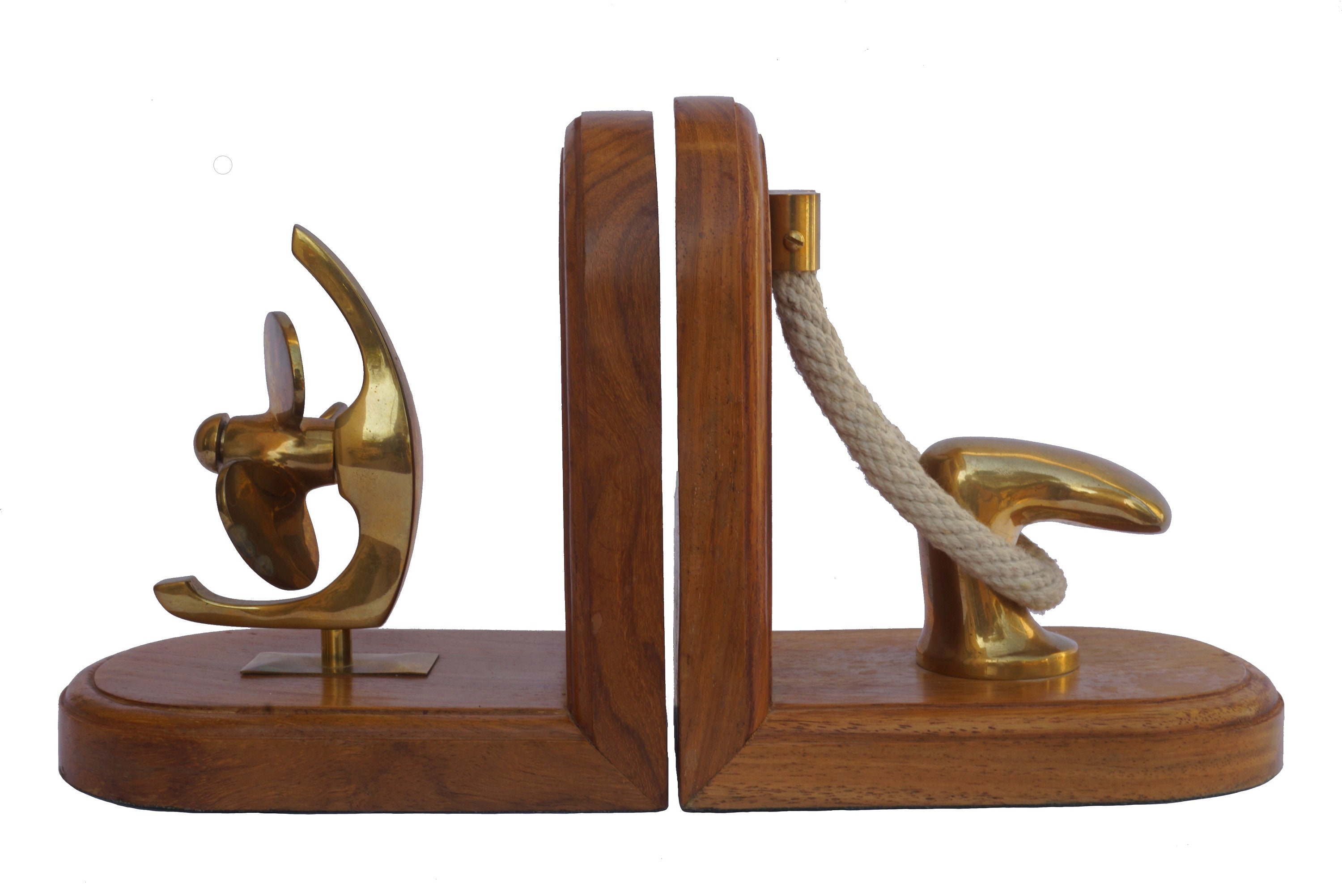 Nautical Brass Ship Bookends with Propeller, Cleats and Rope, Vintage Coastal and Boating Home Decor