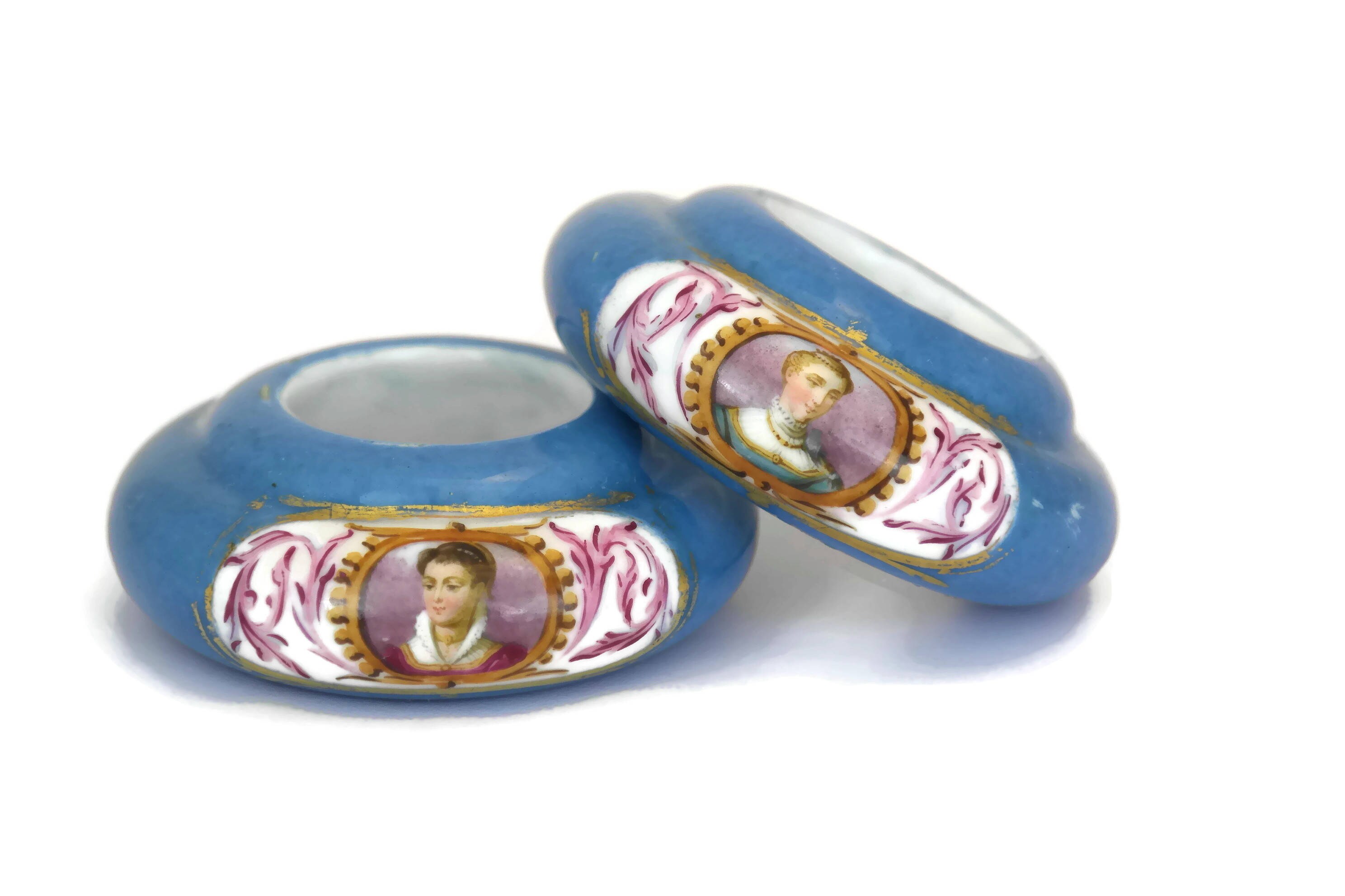 Antique Oil Lamp Rings. Hand Painted French Porcelain Women Portraits