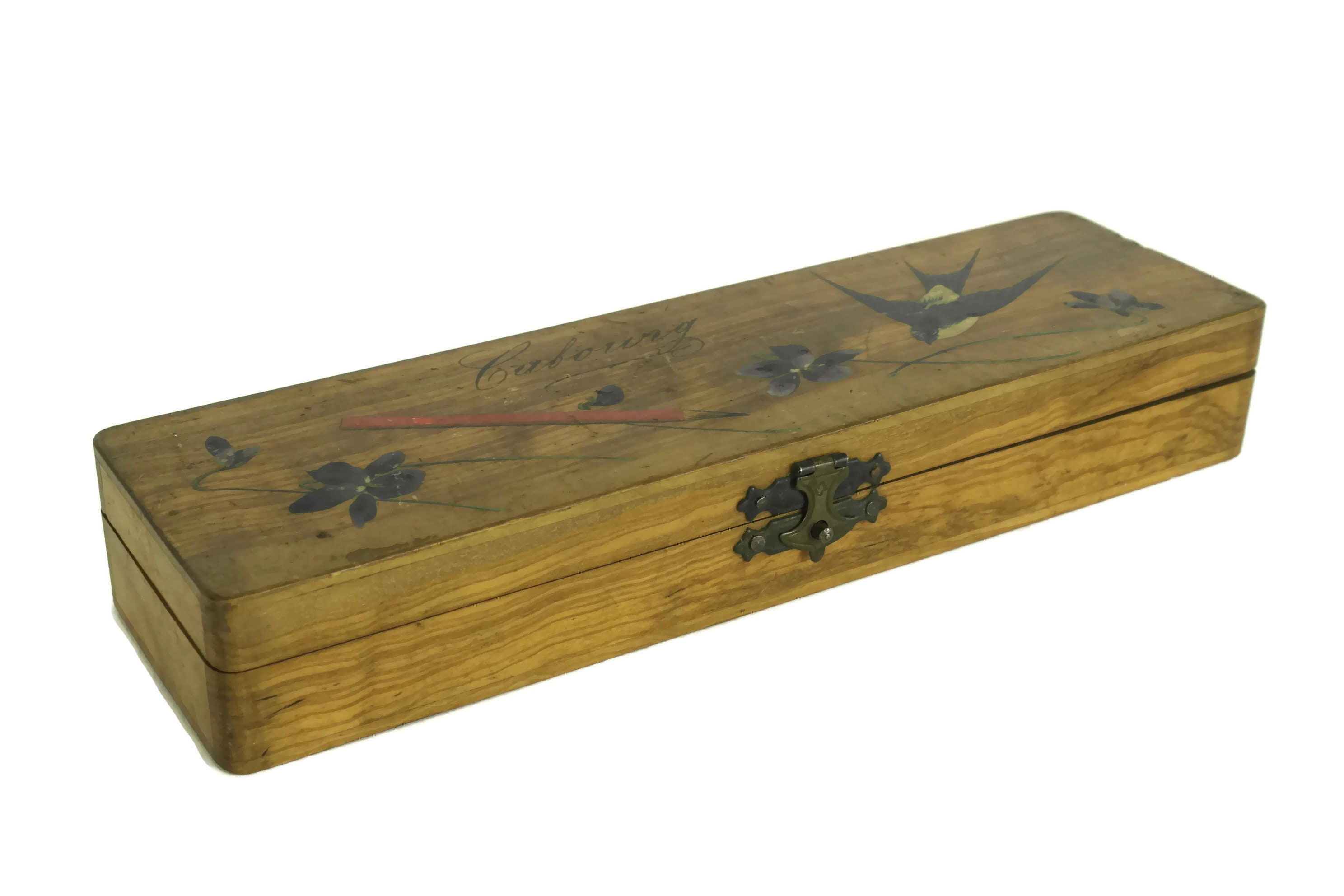 French Antique Pencil Case. Hand Painted Wooden Pen Holder Box with