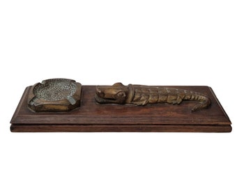 Art Deco Wood and Brass Ashtray with Crocodile Figurine, Antique Alligator, Gift for Smoker