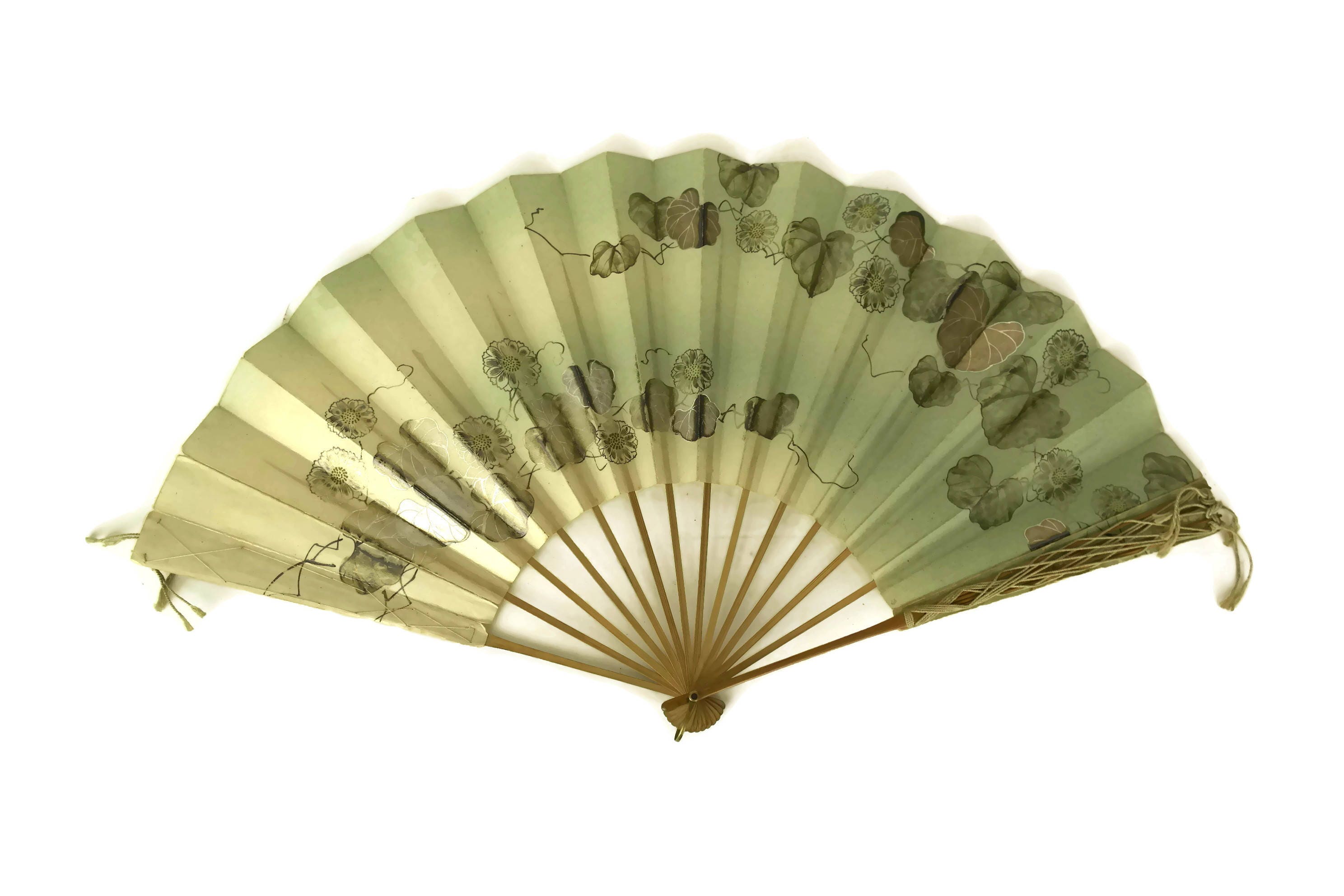 Antique Bamboo Folding Hand Fan. Hand Painted Paper Fan. Asian Fashion
