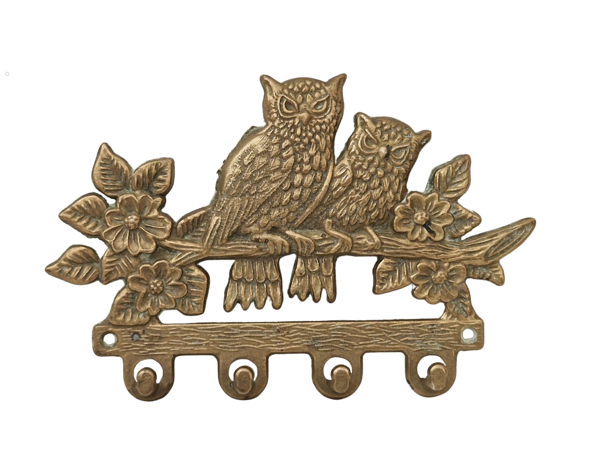 Brass Owls Key Hooks, Vintage Key Display Rack, Barn Wall Hanging Decor