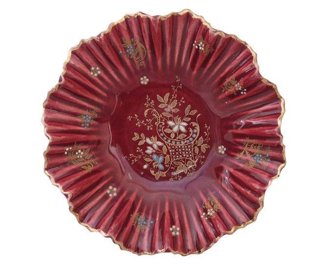 Art Nouveau Ceramic Ring Dish by Gustave De Bruyn Fives Lille, Antique French Red and Gold Faience Coin Dish