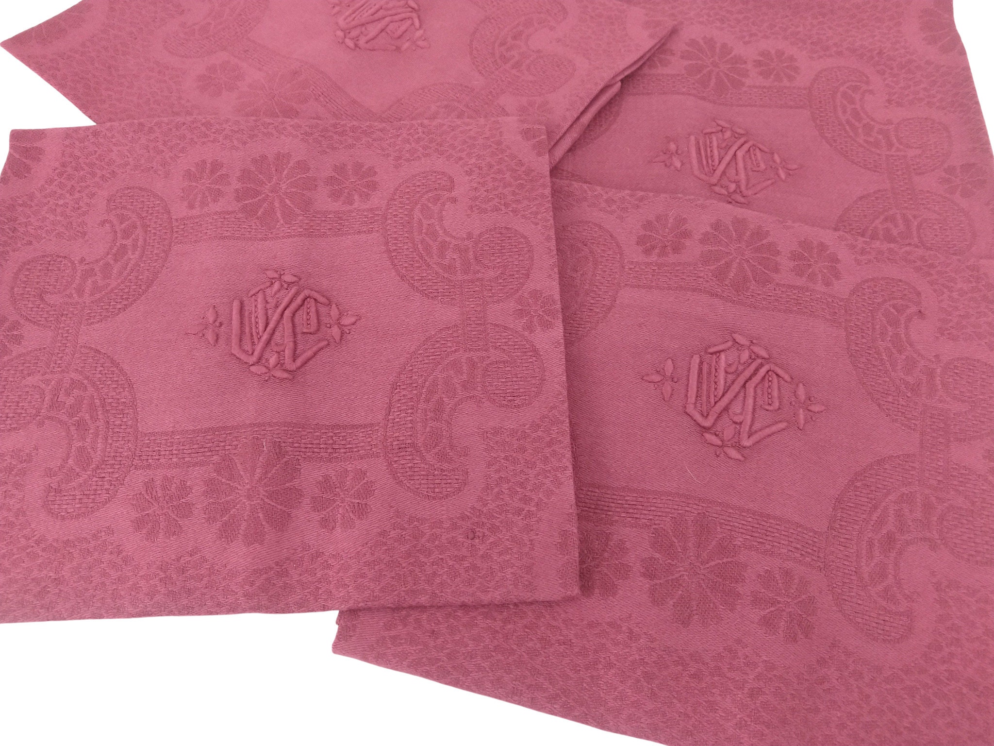 Antique French Linen Napkins, Set of 4, Raspberry Pink Monogram