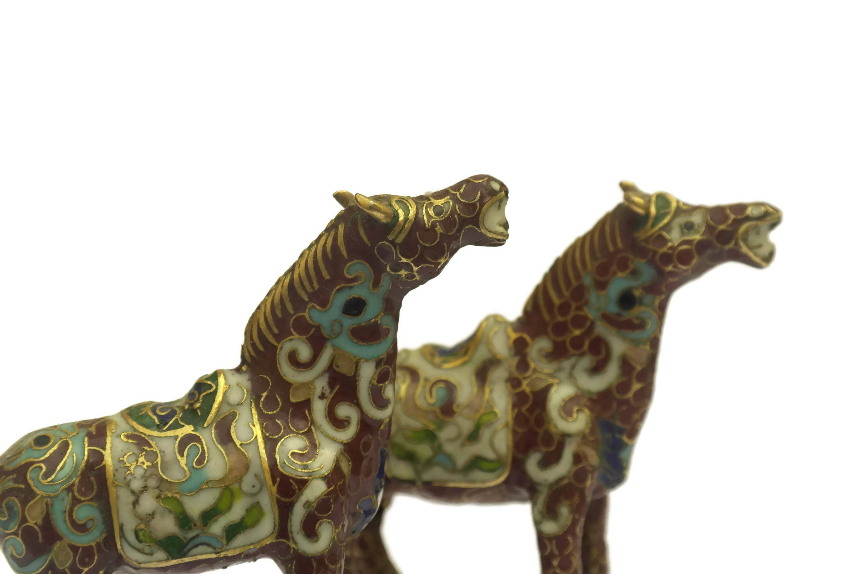 Pair of Brass and Enamel Cloisonne Miniature Horse Figurines