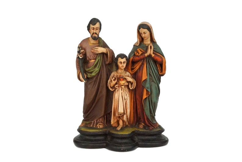 A Vintage Holy Family Plaster Statue with Child Jesus, Virgin Mary and Saint Joseph