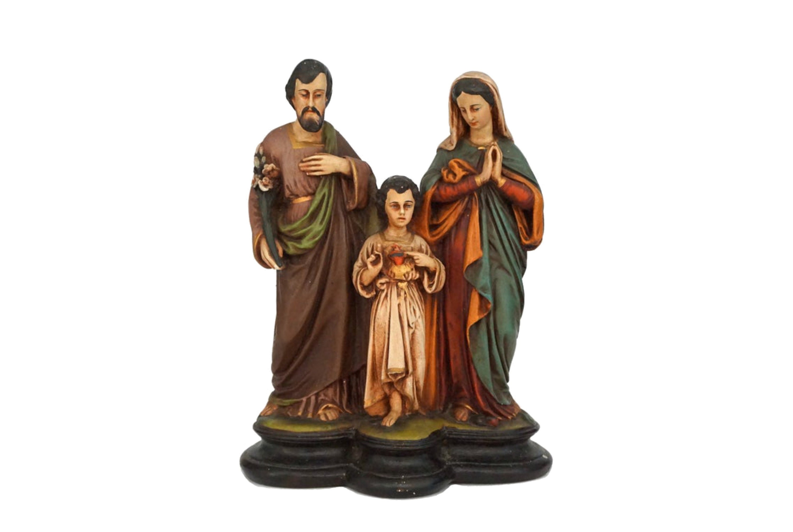 statue en Plâtre Vintage de La Sainte Famille avec L'enfant Jésus, Vierge Marie et Saint Joseph