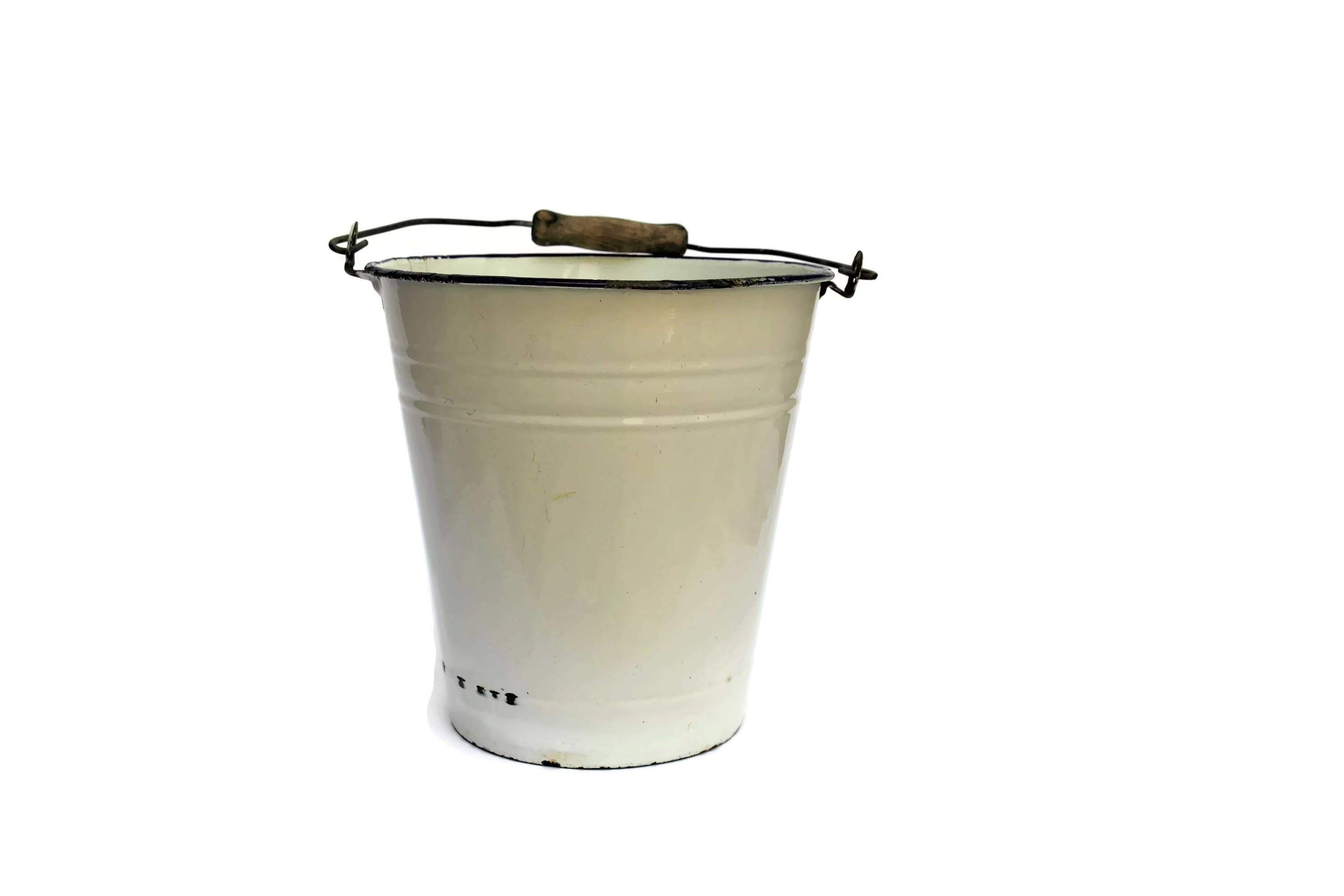 White Enamel Bucket. Rustic French Garden Decor. French Enamelware