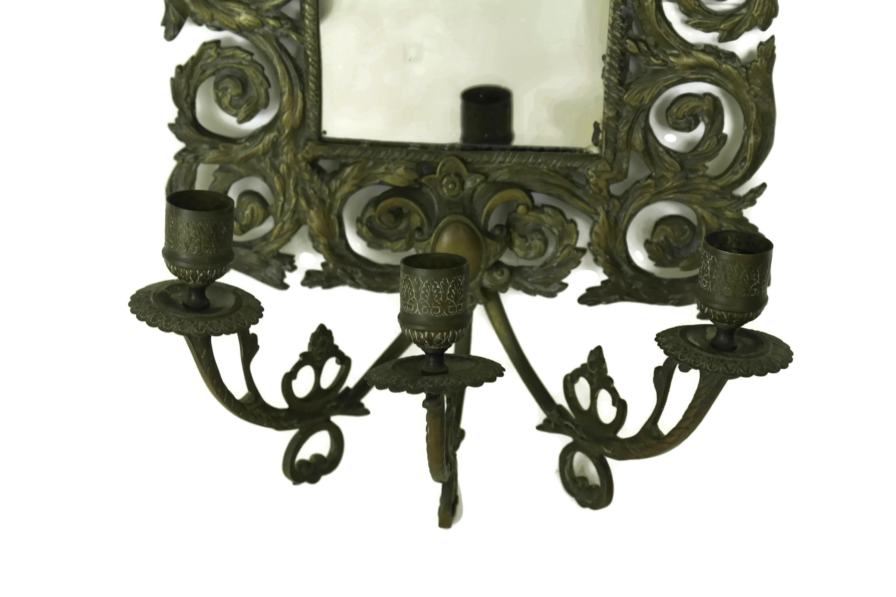 Antique Mirror with Candle Sconces, French Bronze Wall Candleholders