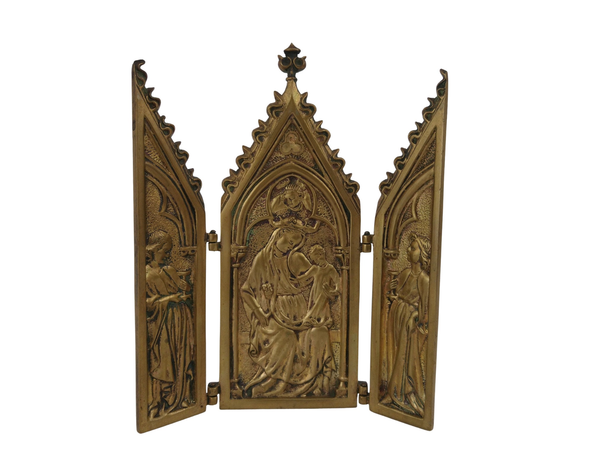 Max Le Verrier Triptyque de Bronze avec La Vierge Marie et Jésus, Autel Itinérant Du Milieu Siècle