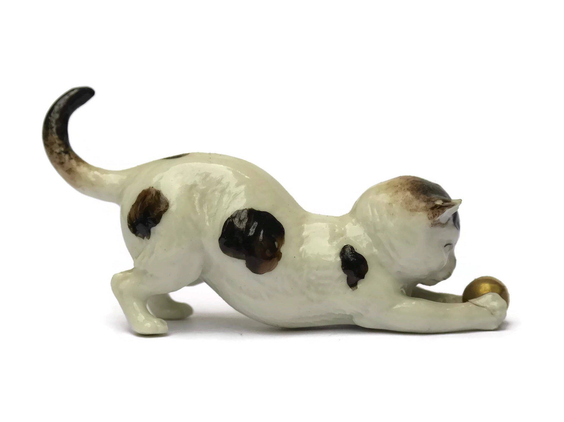 Antique Porcelain Cat Figurine with Golden Ball. German Crown Mark with