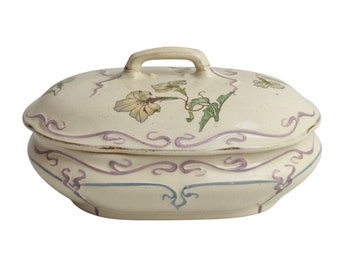 Art Nouveau Ceramic Jewelry Box with Flowers, Antique French Pottery Candy Dish