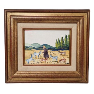 Female Goatherd with Flock of Goats in French Country Landscape Painting, Framed Rustic Farmhouse Art and Wall Decor image 1