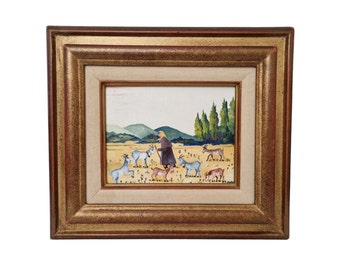 Female Goatherd with Flock of Goats in French Country Landscape Painting, Framed Rustic Farmhouse Art and Wall Decor