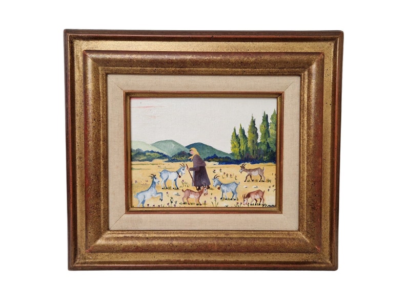 Female Goatherd with Flock of Goats in French Country Landscape Painting, Framed Rustic Farmhouse Art and Wall Decor image 1