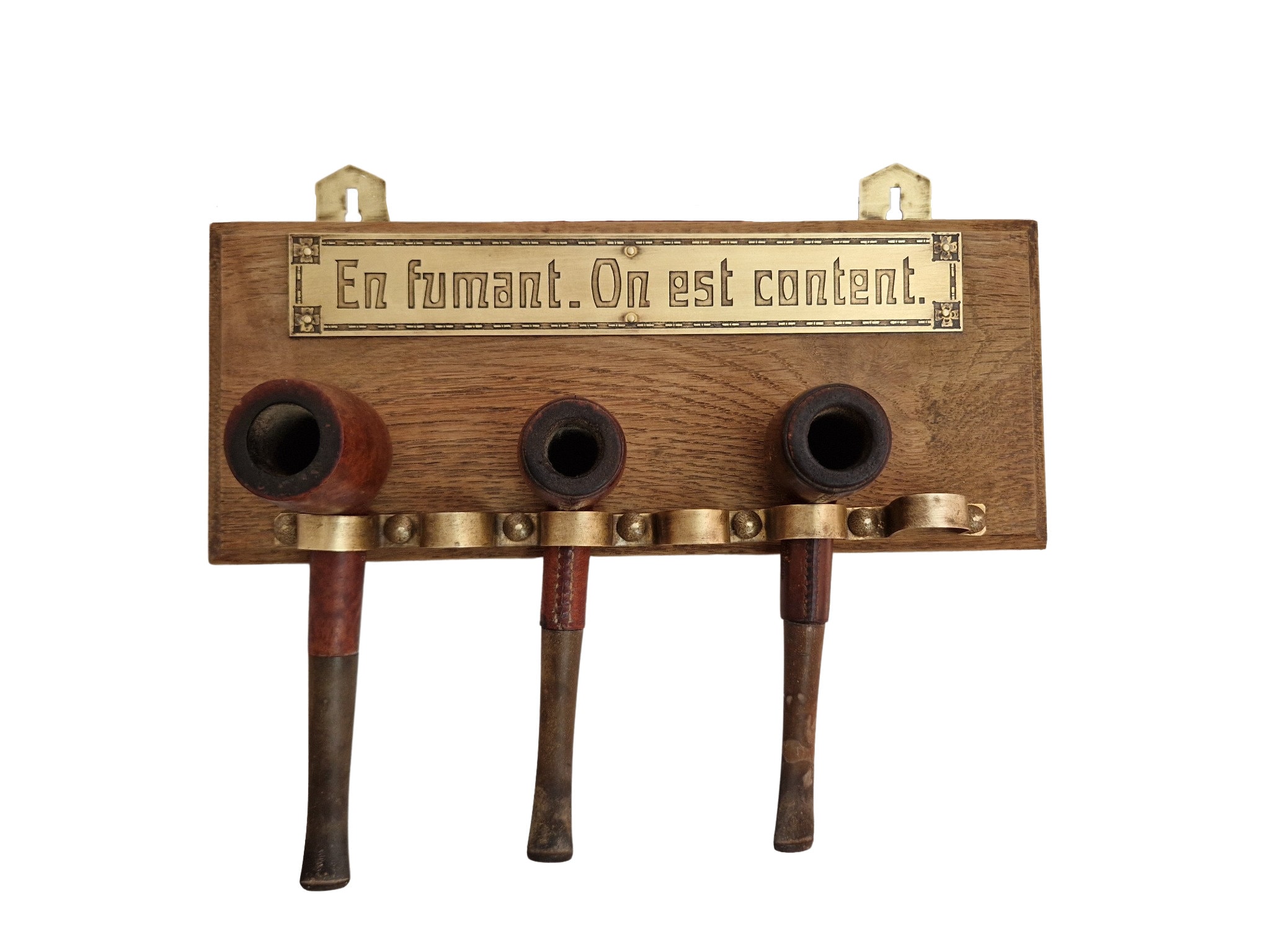 Antique French Oak and Brass Pipe Rack, Art Nouveau Wooden Wall Hanging