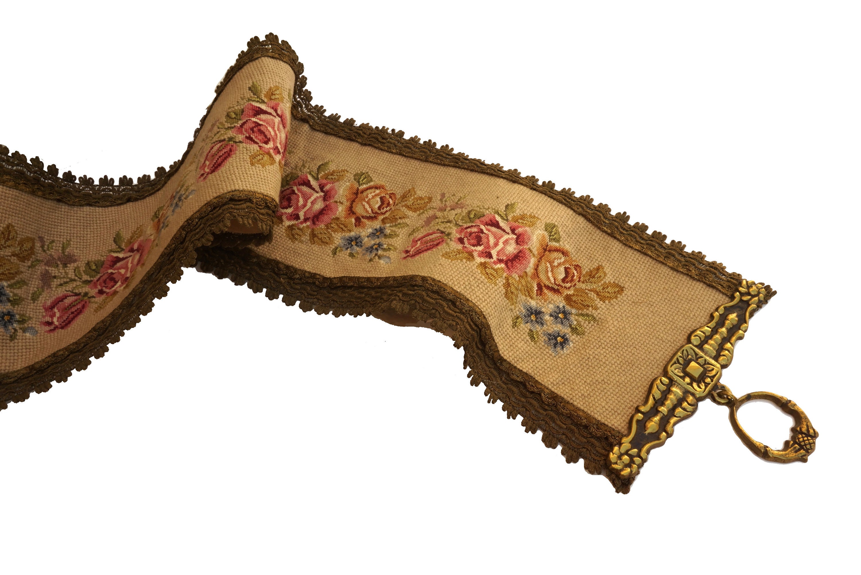 French Rose Tapestry Bell Pull, Vintage Needlework Flower Wall Hanging