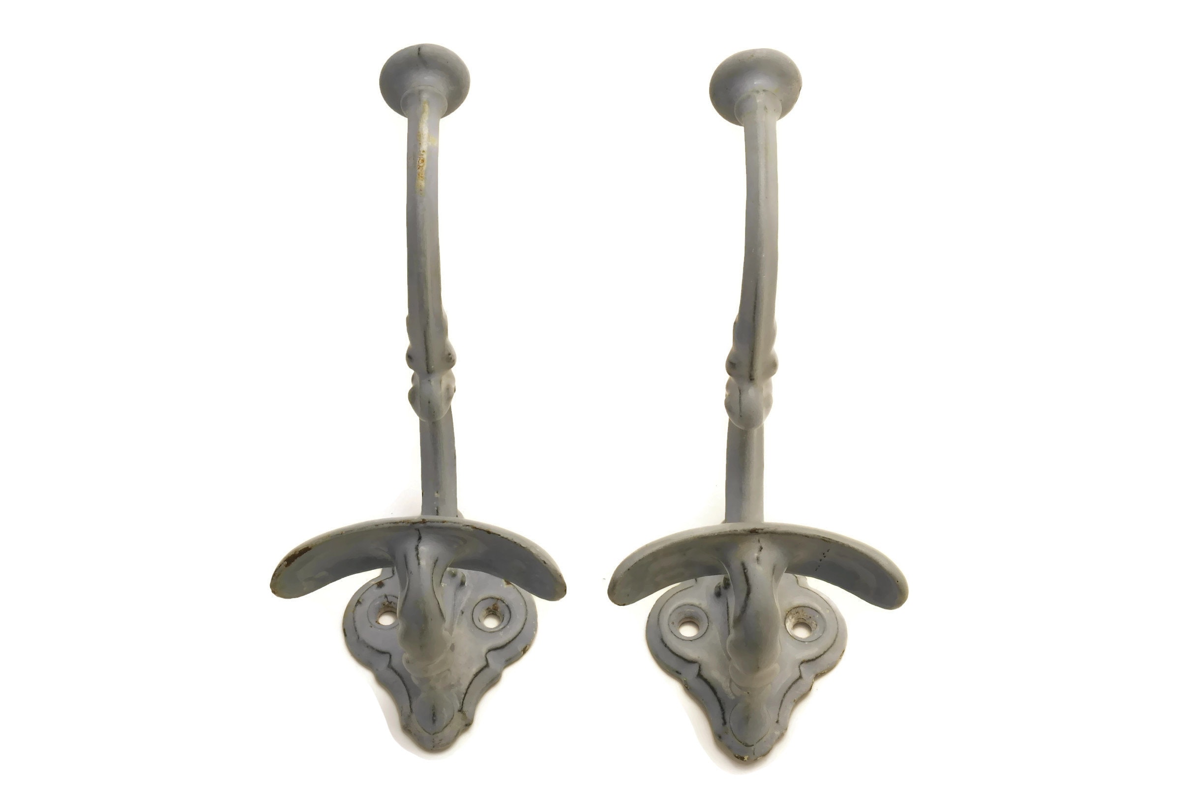 French Blue Enamel Coat Hooks Pair. Antique Shabby Home Decor. Rustic