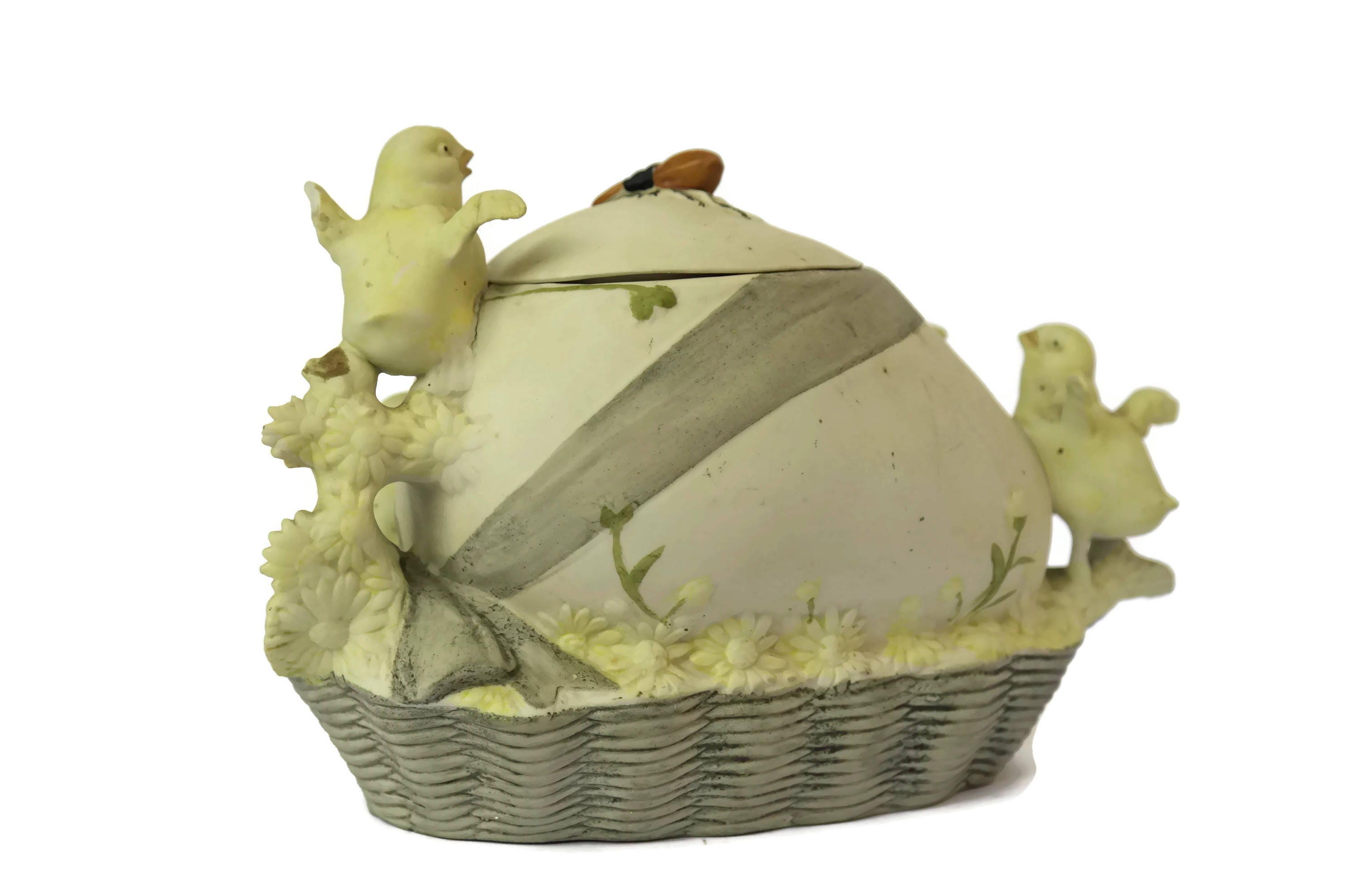 Porcelain Easter Egg Box with Chick Figures. Antique Bisque Trinket Box