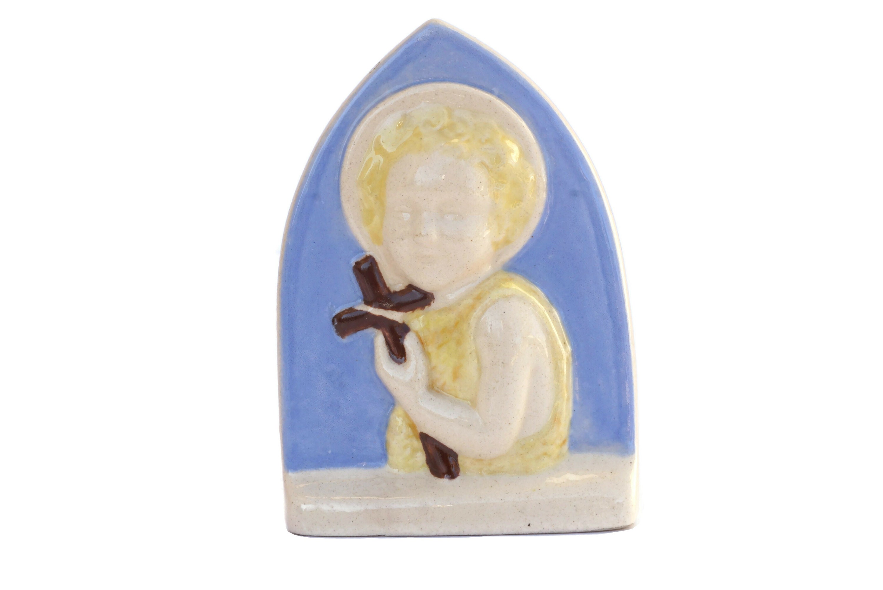 Portrait de L'enfant Jésus Par Desvres Faience, Français Plaque Religieuse en Céramique