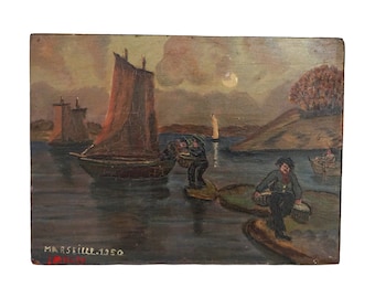 Fishing Boat with Fisherman Painting, Original French Mediterranean Sea Coastal Art