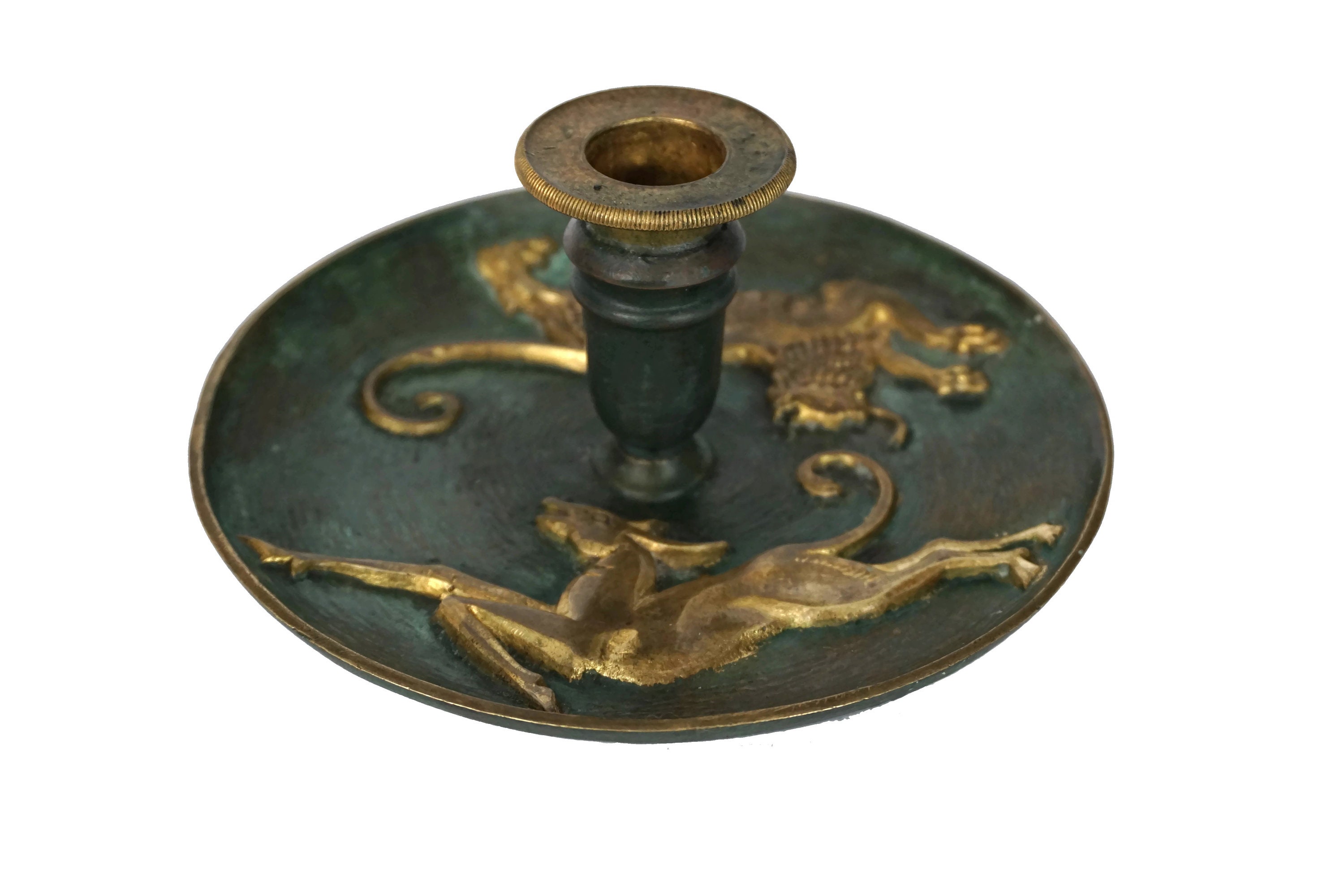 French Brass Candlestick Holder with Lion and Antelope Figures, Candle
