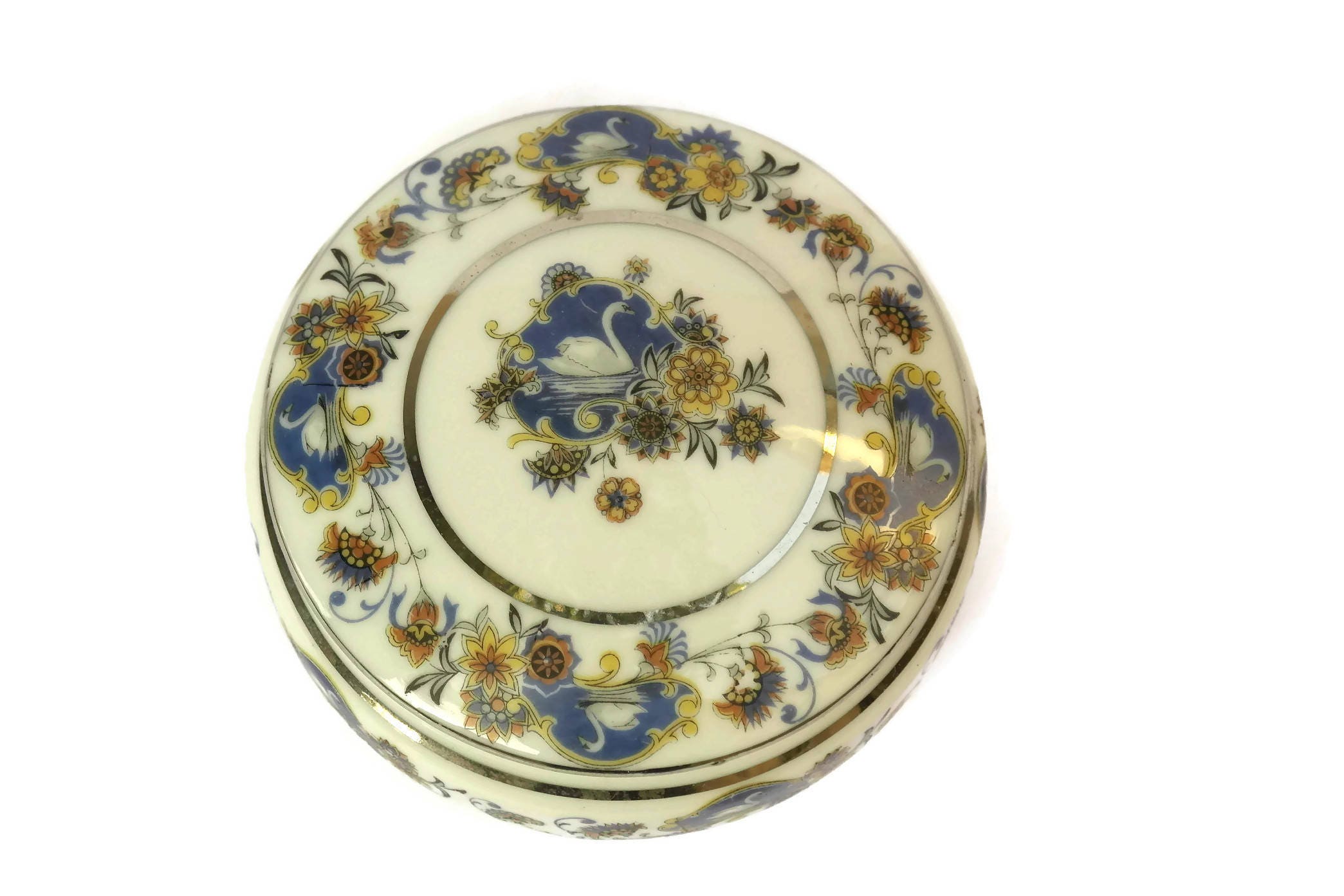 Limoges Porcelain Trinket Dish with Flowers and Swans. French Vintage
