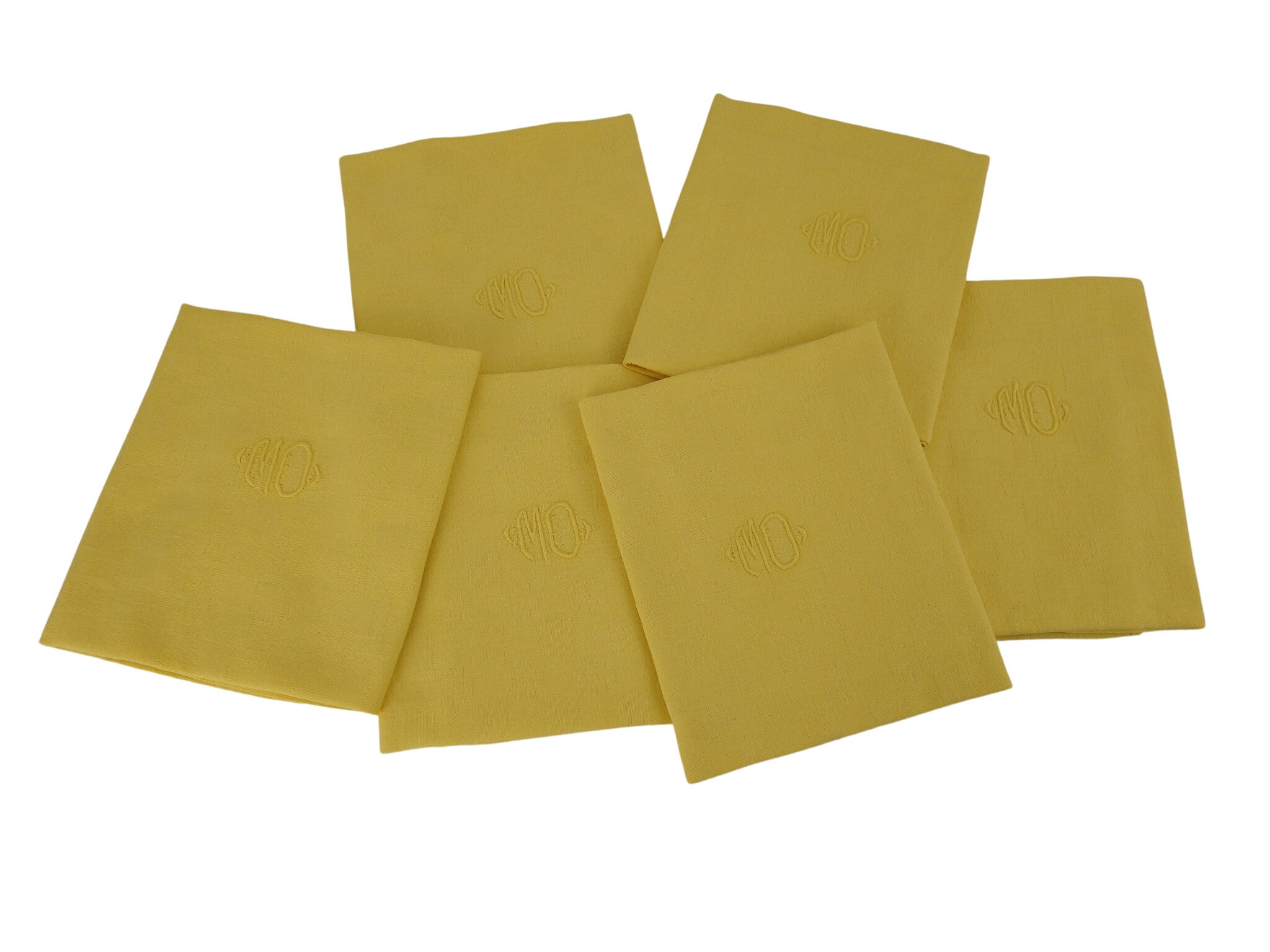 Vintage French Damask Napkins, Set of 6, Pastel Yellow Monogram