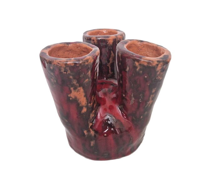 MCM Studio Pottery Vase with Triple Stem Spouts, Mid Century Drip Glaze Abstract Vessel