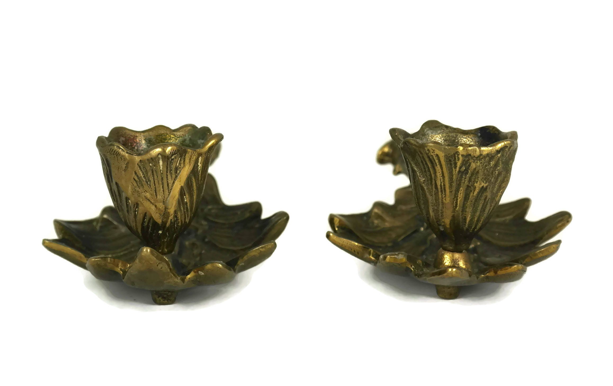 Pair of French Bronze Candle Holders with Laurel Leaves.