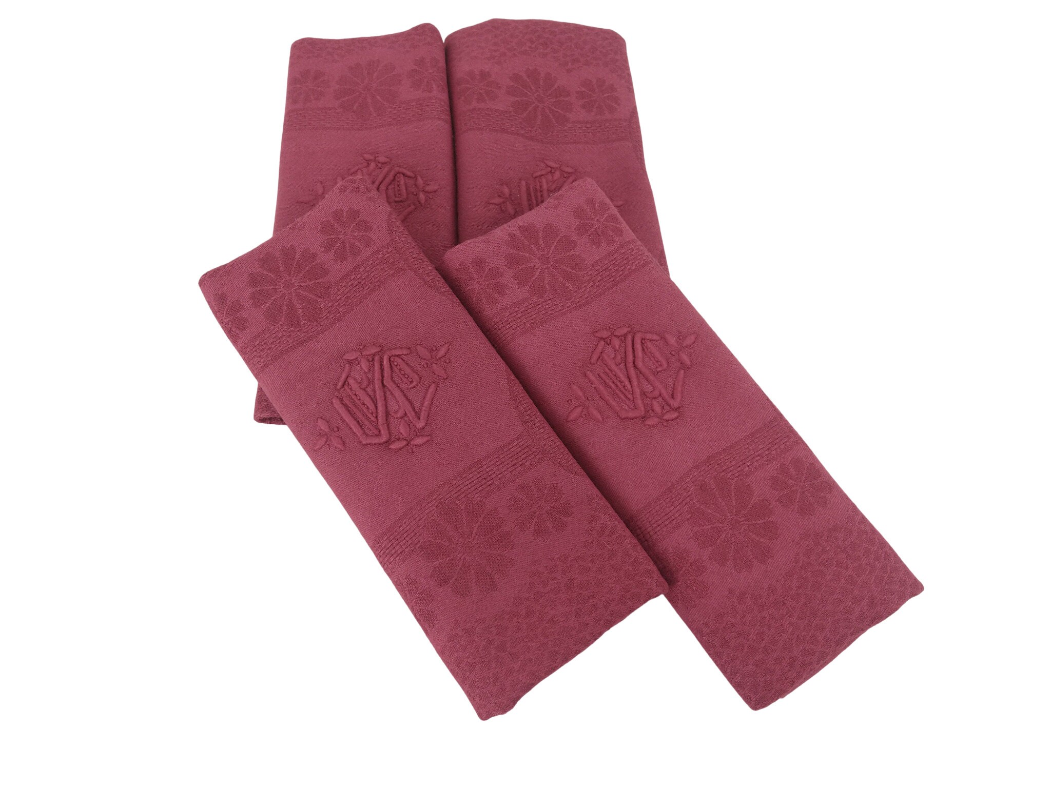Antique French Linen Napkins, Set of 4, Raspberry Pink Monogram