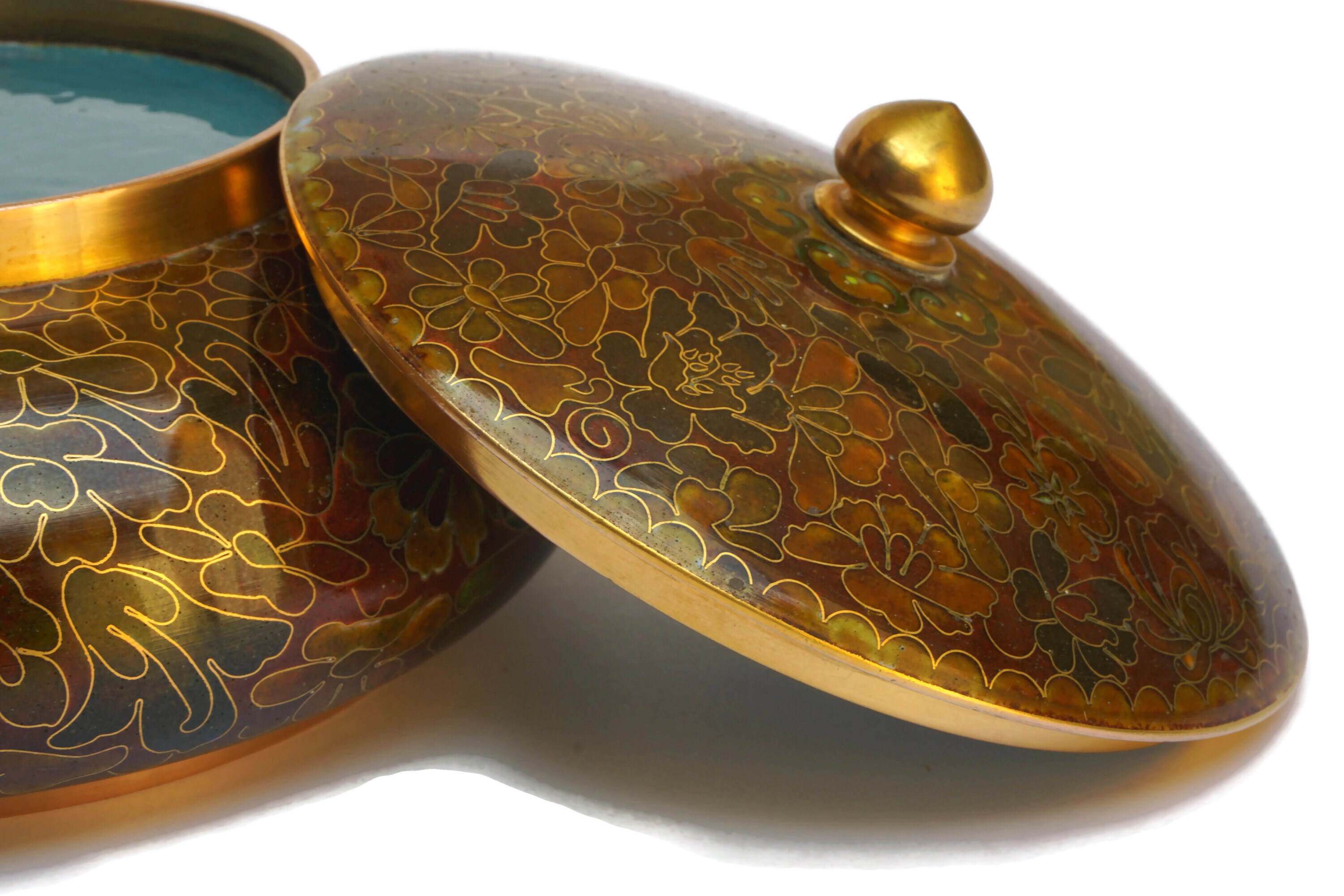 Chinese Cloisonne Bowl with Lid, Enamel and Brass Asian Bowl