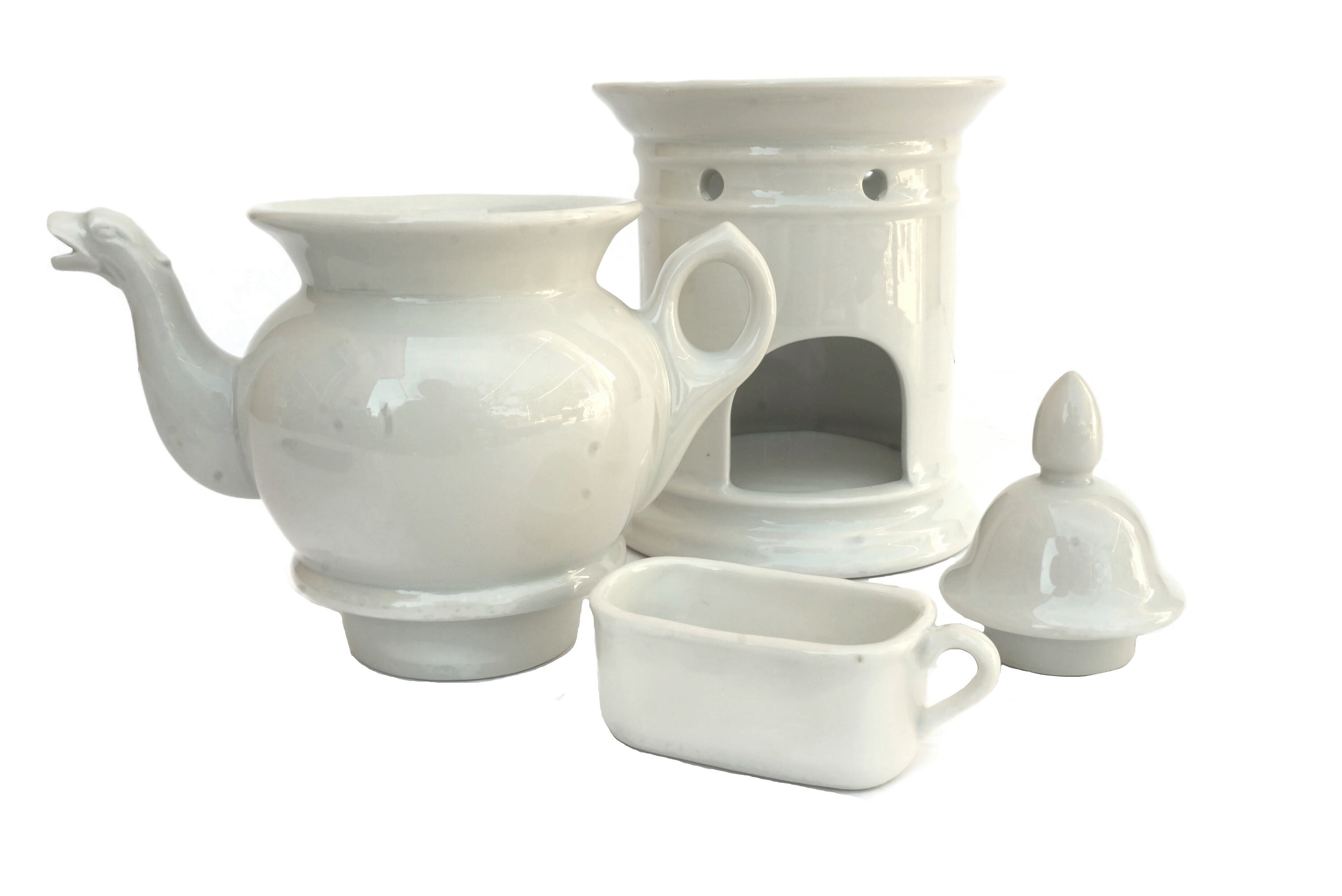 French Porcelain Teapot with Warmer Stand, Ceramic Veilleuse and Tisaniere