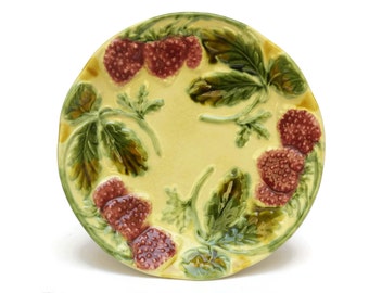 Majolica Strawberry Plate. Vintage French Hand Decorated Ceramic Wall Plate. Pink and Green Majolica Leaf Plate.