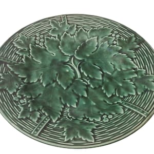 French Green Majolica Plate with Grape Vine Leaf and Basket Weave Pattern by GIEN image 2