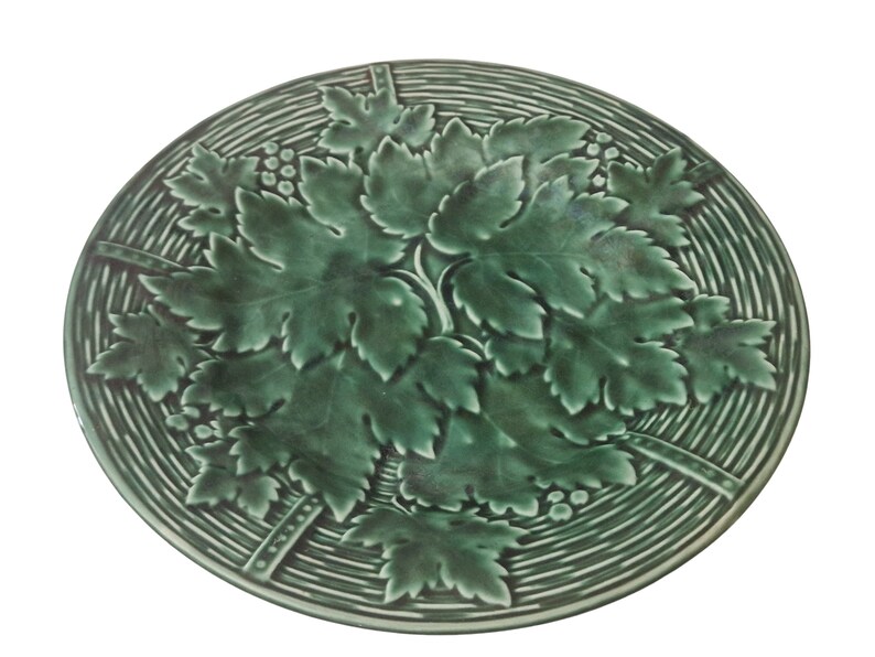 French Green Majolica Plate with Grape Vine Leaf and Basket Weave Pattern by GIEN image 2