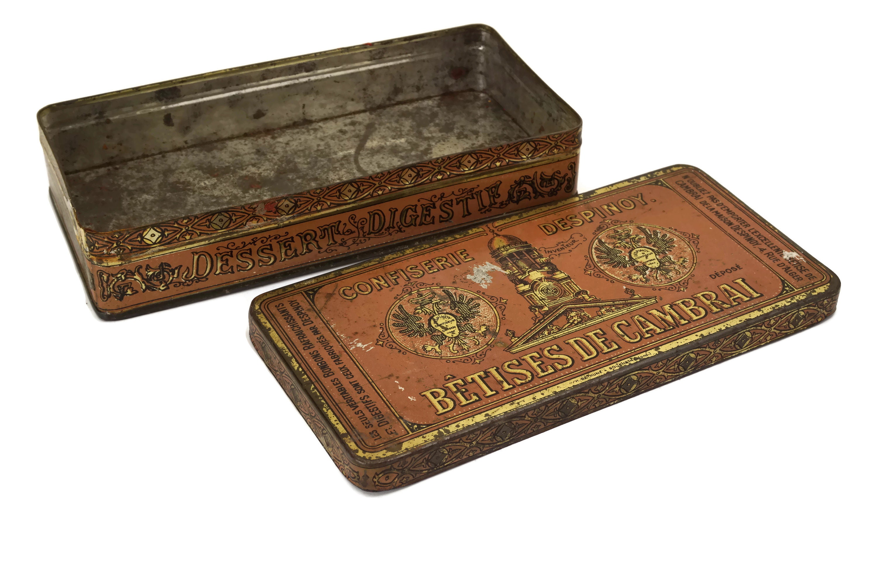Antique French Candy Tin Box with Advertising for Betises de Cambrai