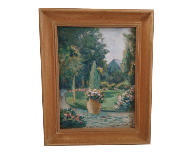 French Flower Garden and Park Landscape Painting, Framed and Signed Art