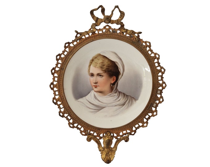 Hand Painted Lady Portrait Porcelain Plate with Louis XVI Style Brass Wall Hanging Frame, 19th Century Victorian Cabinet Plate